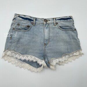 Free People Lightly Distressed Floral Lace Trim Denim Shorts Size 28